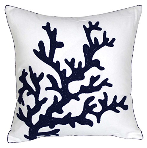  DECOPOW Embroidered Nautical Decor Pillow Cover,Square 18 Inches Decorative Canvas Pillow Cover For Nautical Style Deco By (Navy-Coral)