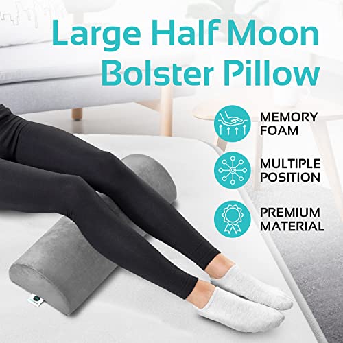 2 Pack Large Half Moon Bolster Pillow For Legs, Knees, Lower Back And Head, Lumbar Support Pillow For Bed, Sleeping | Semi Roll For Ankle And Foot Comfort - Machine Washable Cover, Grey