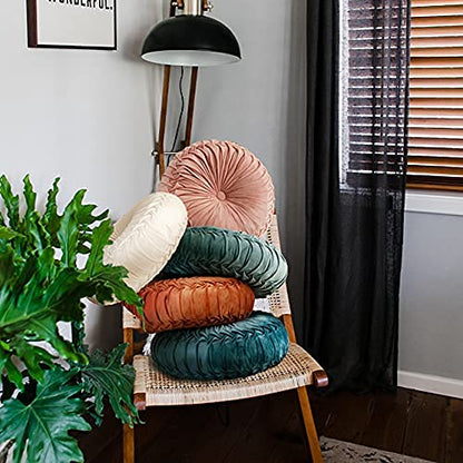  Round Cushions Pillows 15" Large Velvet Floor Couch Pillow Handcrafted Pleated Round Throw Pillow Decoration For Chair Sofa Bed And Car, 1 Pack, Light Teal