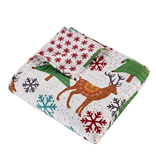  Levtex Home Merry & Bright Collection - Tinsel Toddler Set - Reindeer - Brown, Green, Red,Teal - Holiday - 3 Piece Set Includes Reversible Quilt, Fitted Sheet, Decorative Pilow