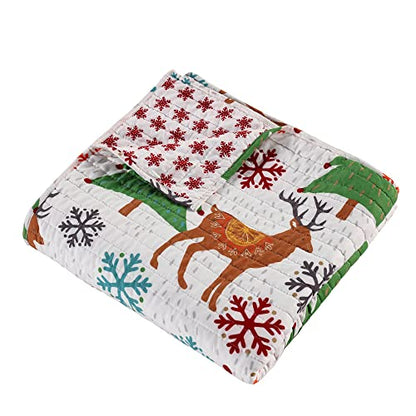  Levtex Home Merry & Bright Collection - Tinsel Toddler Set - Reindeer - Brown, Green, Red,Teal - Holiday - 3 Piece Set Includes Reversible Quilt, Fitted Sheet, Decorative Pilow