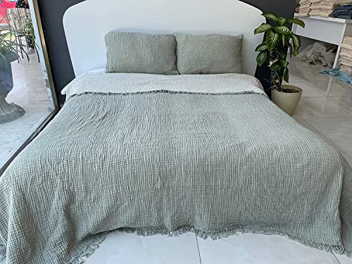  100% Cotton Muslin Throw Blanket, 4 Layers Bedspread, Soft Turkish Cotton Muslin Bed Cover, Reversible Coverlet, Green (Two Pillowcase 20x30)