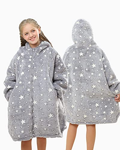 Uttermara Wearable Blanket Hoodie, Zipper Oversized Hoodie Blanket For Kids, Sherpa Hooded Blanket With Hood, Pocket & Sleeve, One Size Fits All, Stars Print Glow In The Dark