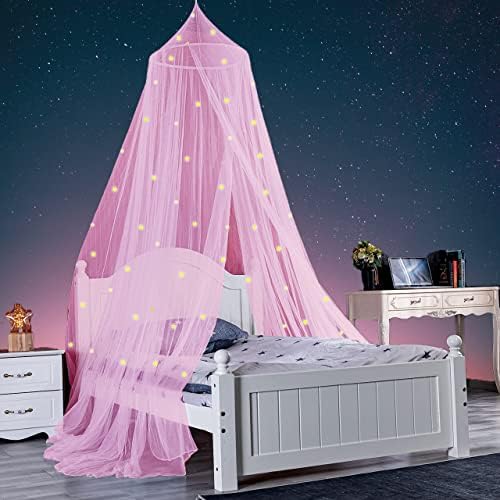  Bed Canopy For Girls, Glowing Stars Princess Bed Tent, Bed Curtain Room Decor Luminous Mosquito Net For Baby, Kids(Pink)