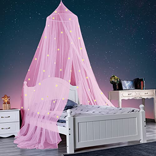  Bed Canopy For Girls, Glowing Stars Princess Bed Tent, Bed Curtain Room Decor Luminous Mosquito Net For Baby, Kids(Pink)