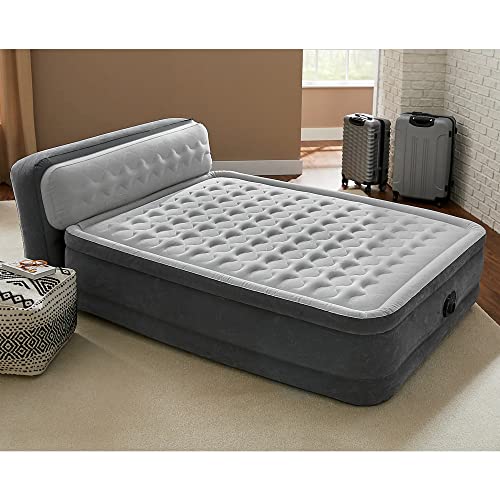 Intex Dura-Beam Ultra Plush Inflatable Pillow Top Bed Air Mattress With Headboard, Built-in Internal Electric Pump And Carry Storage Bag, Queen, Gray