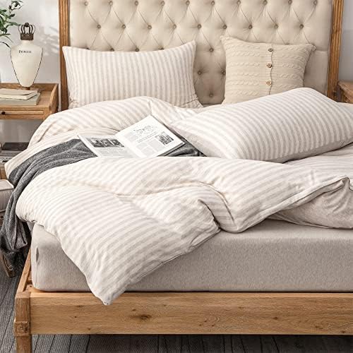  PURE ERA Jersey Knit Duvet Cover Set 100% T-Shirt Heather Cotton Super Soft Comfy Classic Striped Design, With Zipper Closure, Forest Green Stripe, Queen