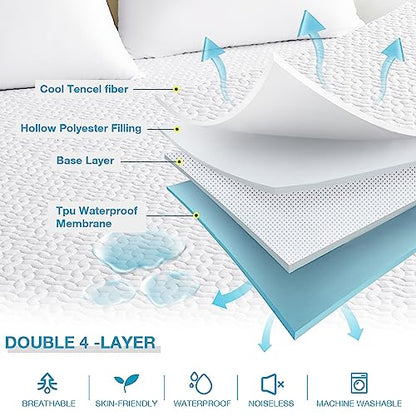  Mooreeke Premium 100% Waterproof Cooling Mattress Protector Queen Size Tencel Breathable Mattress Pad, Deep Pocket Fitted Mattress Cover Smooth Noiseless Soft Cooler Than Bamboo & Machine Washable
