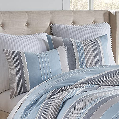  - Santander Duvet Cover Set - Full/Queen Duvet Cover + Two Standard Pillow Cases - Grey, Chambray, Blue, White - Jacquard - Duvet Cover (90 X 94in.) And Pillow Case (26 X 20in.) - Cotton