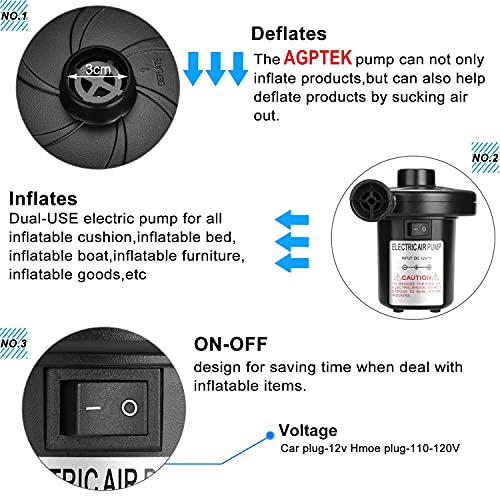  Lectric Air Pump, AGPTEK Portable Quick-Fill Air Pump With 3 Nozzles, 110V AC/12V DC, Perfect Inflator/Deflator Pumps For Outdoor Camping, Inflatable Cushions, Air Mattress Beds, Boats, Swimming Ring