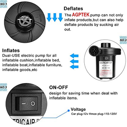  Lectric Air Pump, AGPTEK Portable Quick-Fill Air Pump With 3 Nozzles, 110V AC/12V DC, Perfect Inflator/Deflator Pumps For Outdoor Camping, Inflatable Cushions, Air Mattress Beds, Boats, Swimming Ring