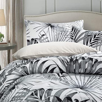 Eikei Palm Leaves Duvet Cover And Pillowcases Set Tropical Exotic Island Flowers Trees Branches Paradise Birds Bedding Jungle Plants Modern Botanical Print Long Staple Cotton (Pine Green, King)