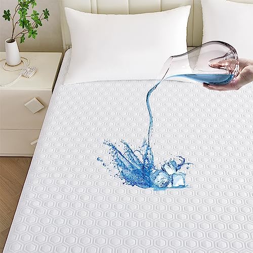 Mooreeke Premium 100% Waterproof Cooling Mattress Protector Queen Size Tencel Breathable Mattress Pad, Deep Pocket Fitted Mattress Cover Smooth Noiseless Soft Cooler Than Bamboo & Machine Washable