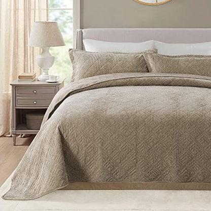  HoneiLife Bedspread Quilt Set King - 3 Piece Embroidered Corduroy Bedspreads Luxurious Coverlet Lightweight Bedcover Warm Bedding Set All Season Quilts-Taupe, King Size