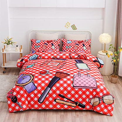  Aimuan Pink Comforter Set Cosmetic And Makeup Theme Quilt Set With Perfume Bag Lipstick Nail Polish Pattern Decorative Quilted 3 Pcs Bedding Set With 2 Pillowcases (Pink, Queen)