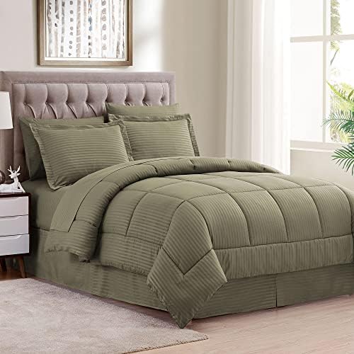  Queen Comforter Set 8 Piece Bed In A Bag With Bed Skirt, Fitted Sheet, Flat Sheet, 2 Pillowcases, 2 Pillow Shams, Queen, Dobby Navy
