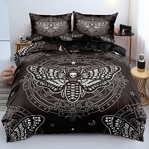  Zhh Death Moth Skull Duvet Cover 3Pcs Queen Size Black Gothic Bedding Soft Microfiber Fashion Printed Skeleton Comforter Cover (1 X Quilt Cover, 2 X Pillowcases)