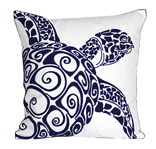  DECOPOW Embroidered Cute Nautical Animal Pillow Cover,Square 18 Inches Decorative Canvas Pillow Cover For Nautical Style Deco By (Navy-Sea Turtle)