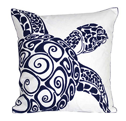  DECOPOW Embroidered Cute Nautical Animal Pillow Cover,Square 18 Inches Decorative Canvas Pillow Cover For Nautical Style Deco By (Navy-Sea Turtle)