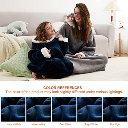  EHEYCIGA Wearable Blanket Hoodie For Kids, Hoodie Blanket With Pockets And Sleeves Sweatshirt Blanket For Teens - Navy Kids