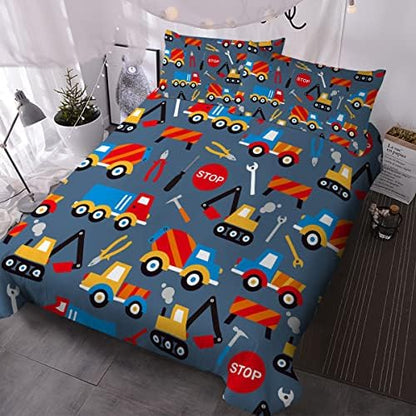  Crane Construction Truck Bedding Cute Boys Twin Duvet Cover Set Grey Colorful Toy Vehicles Comforter Cover 3 Pieces Kids Room Bed Sets For Teens