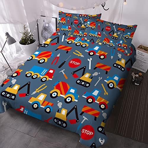  Crane Construction Truck Bedding Cute Boys Twin Duvet Cover Set Grey Colorful Toy Vehicles Comforter Cover 3 Pieces Kids Room Bed Sets For Teens