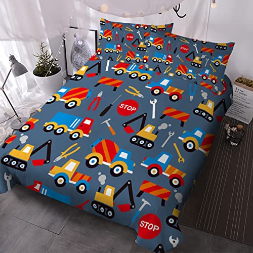  Crane Construction Truck Bedding Cute Boys Twin Duvet Cover Set Grey Colorful Toy Vehicles Comforter Cover 3 Pieces Kids Room Bed Sets For Teens