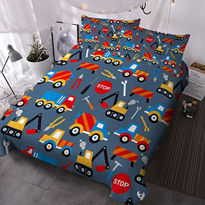  Crane Construction Truck Bedding Cute Boys Twin Duvet Cover Set Grey Colorful Toy Vehicles Comforter Cover 3 Pieces Kids Room Bed Sets For Teens