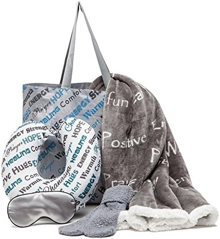  Chanasya 5-Piece Warm Hugs Positive Energy Healing Thoughts Comfort Caring Message Print Combo Gift Pack Throw Blanket, Neck Pillow, Eye Mask, Tote Bag, Socks - For Women Men Cancer Hospital Aubergine