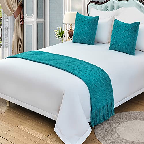  Zhiyuan Tassel Solid Knitted Bed Runner Decorative Bed End Scarf Woven Sofa Throw Blanket 50" X 102", Dark Cyan
