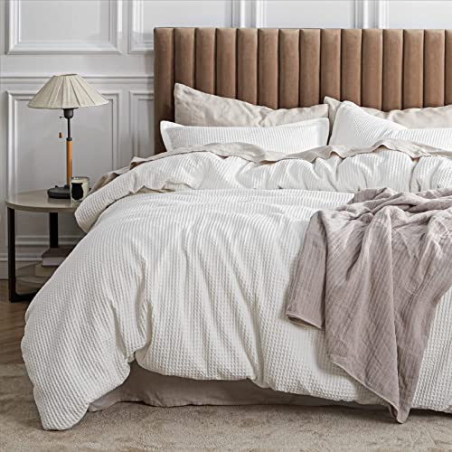  Bedsure Cotton Duvet Cover Queen - 100% Cotton Waffle Weave Coconut White Duvet Cover Queen Size, Soft And Breathable Queen Duvet Cover Set For All Season (Queen, 90"x90")
