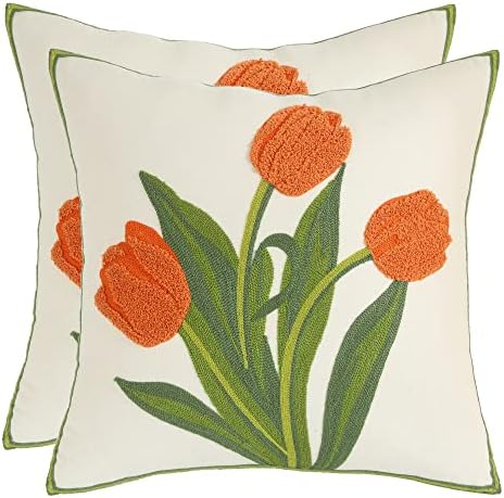  Tosleo Farmhouse Pink Tulip Embroidered Decorative Throw Pillow Covers 18x18 Set Of 2 Flowers Tufted Pillow Cushion Cases Square Floral Cotton Pillowcases For Wedding Sofa Couch Bedroom Living Room