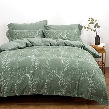  OREISE Duvet Cover Set Full/Queen Size Washed Cotton Yarn, Jacquard Green And White Thin Branch Pattern Floral Style 3Piece Bedding Set