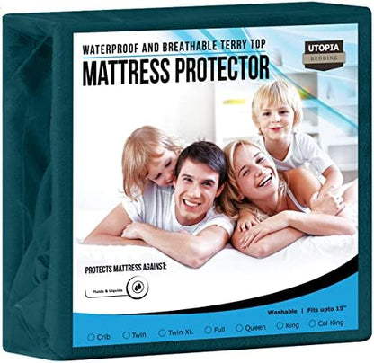  Premium Waterproof Terry Mattress Protector Twin 200 GSM, Mattress Cover, Breathable, Fitted Style With Stretchable Pockets (White)