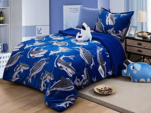 All American Collection New Super Soft And Warm 4 Piece Borrego/Sherpa Blanket With Pillow Sham And Cushion (Full, Dinosaur)