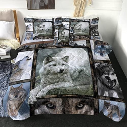  Sleepwish Gold Wolf Comforter Indian Wolf King Size Bed Set 3D Wolves Quilt Set 4 Piece Native American Wolf Bedding Sets With Comforter, Pillow Shams, Cushion Cover (King)