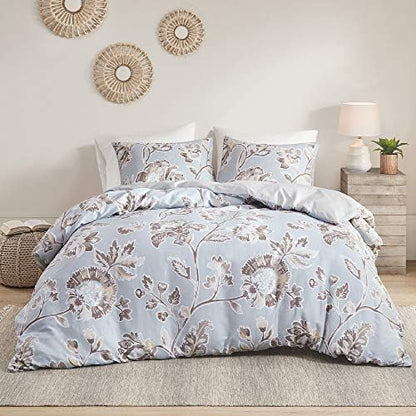  By INTELLIGENT DESIGN Reversible 100% Cotton Sateen Duvet - Breathable Comforter Cover, Modern All Season Bedding Set With Sham (Insert Excluded), Adrea, Floral Blue Full/Queen(90"x90")