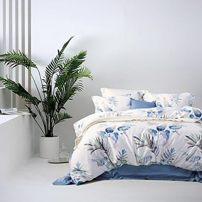  Duvet Cover King Size 100% Egyptian Cotton Gradient Teal Blue Leaves Plant Pattern Printed Comforter Cover Set Ultra Soft & Breathable Unique Design Farmhouse Bedding Set 3pcs (No Comforter)