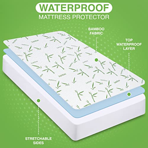  Premium Bamboo Waterproof Mattress Protector Twin 340 GSM, Fits 15 Inches Deep, Mattress Cover, Breathable, Fitted Style With Stretchable Pockets