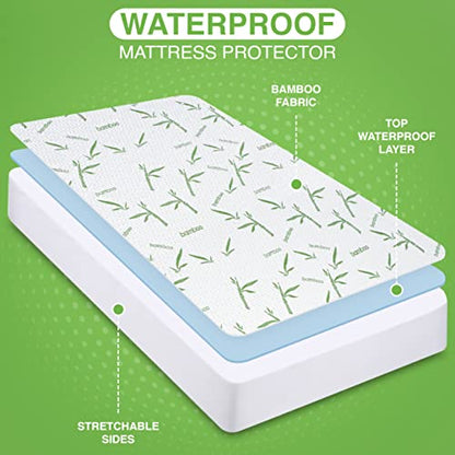  Premium Bamboo Waterproof Mattress Protector Twin 340 GSM, Fits 15 Inches Deep, Mattress Cover, Breathable, Fitted Style With Stretchable Pockets