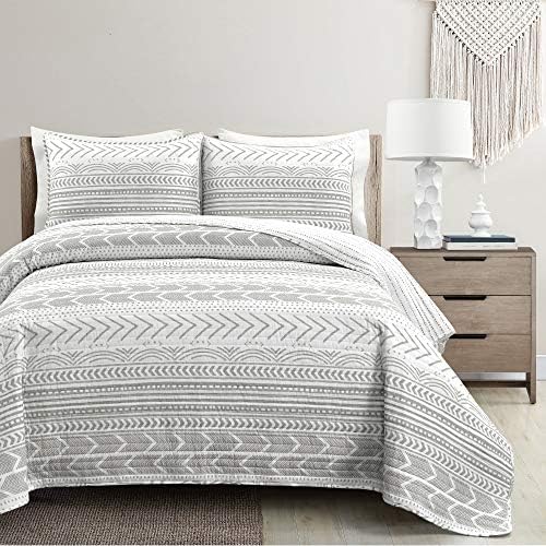  Hygge Geo Reversible 3 Piece Cotton Duvet Set, King, Gray & White