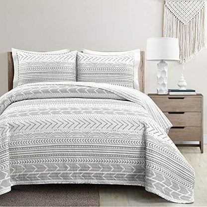  Hygge Geo Reversible 3 Piece Cotton Duvet Set, King, Gray & White