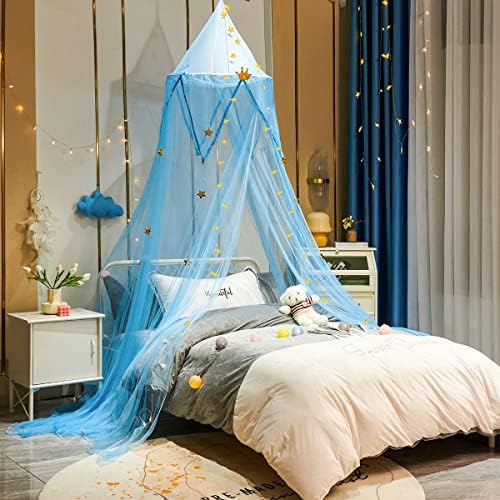  Bed Canopy With Stars And Crown, 7 Doors Mosquito Net Bed Canopy For Girls, Princess Canopy For Girls Bed Room Decor, Encrypted Fabric, Purple