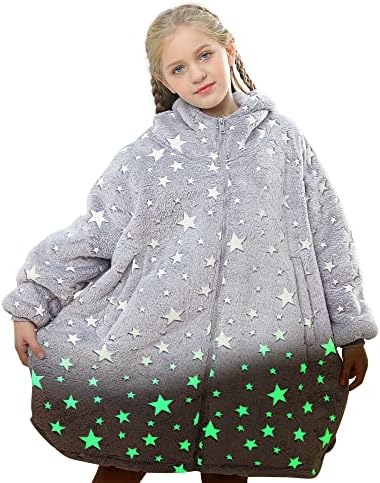  Uttermara Wearable Blanket Hoodie, Zipper Oversized Hoodie Blanket For Kids, Sherpa Hooded Blanket With Hood, Pocket & Sleeve, One Size Fits All, Stars Print Glow In The Dark