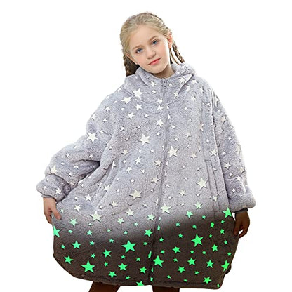  Uttermara Wearable Blanket Hoodie, Zipper Oversized Hoodie Blanket For Kids, Sherpa Hooded Blanket With Hood, Pocket & Sleeve, One Size Fits All, Stars Print Glow In The Dark