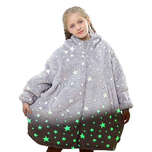  Uttermara Wearable Blanket Hoodie, Zipper Oversized Hoodie Blanket For Kids, Sherpa Hooded Blanket With Hood, Pocket & Sleeve, One Size Fits All, Stars Print Glow In The Dark