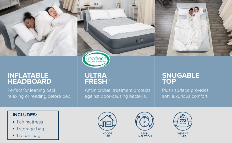  Queen Air Mattress With Headboard | Supersoft Snugable Top, Extra Durable Tough Guard | Raised Airbed With Built In Pump + USB Charger (90"x60"x29") Grey
