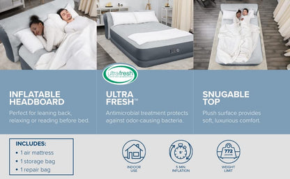  Queen Air Mattress With Headboard | Supersoft Snugable Top, Extra Durable Tough Guard | Raised Airbed With Built In Pump + USB Charger (90"x60"x29") Grey