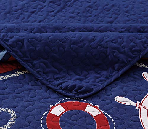  Better Home Style 3 Piece Light & Dark Blue White Red Striped Nautical Ships Helms Anchors Sailor Printed Design Quilt Coverlet Bedspread Oversized Bed Cover Set # 10586 (Full/Queen)