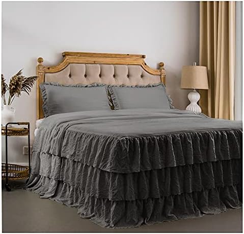  Rustic Ruffle Skirt Bedspread, Hand Made 30" Long Ruffle Skirt Coverlet, Natural Wrinkle Style For Kid, Baby （3 Pcs Set, Queen, White）